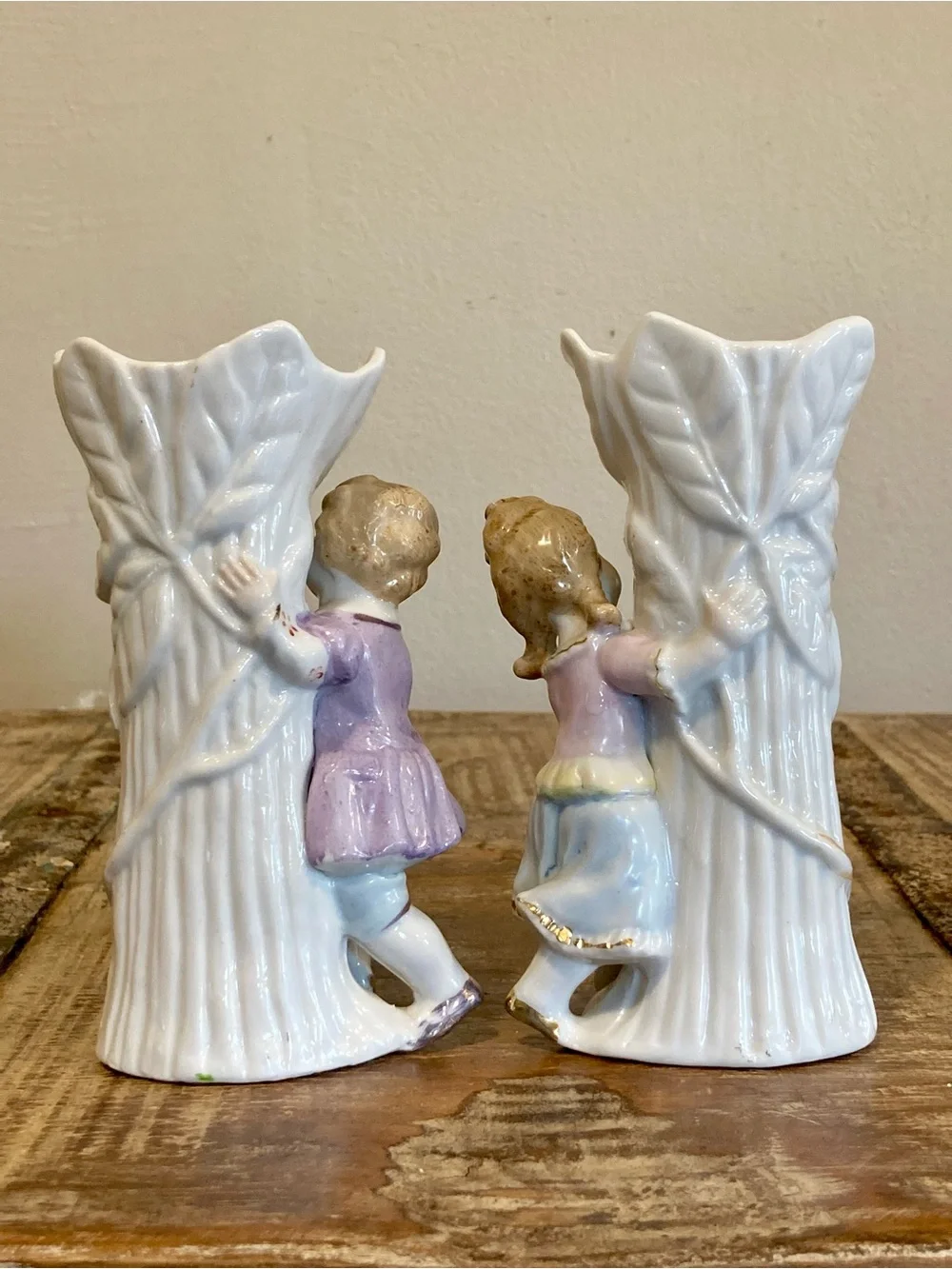 Pair of Boy & Girl Floral Mantel Vases in White & Gold Roses